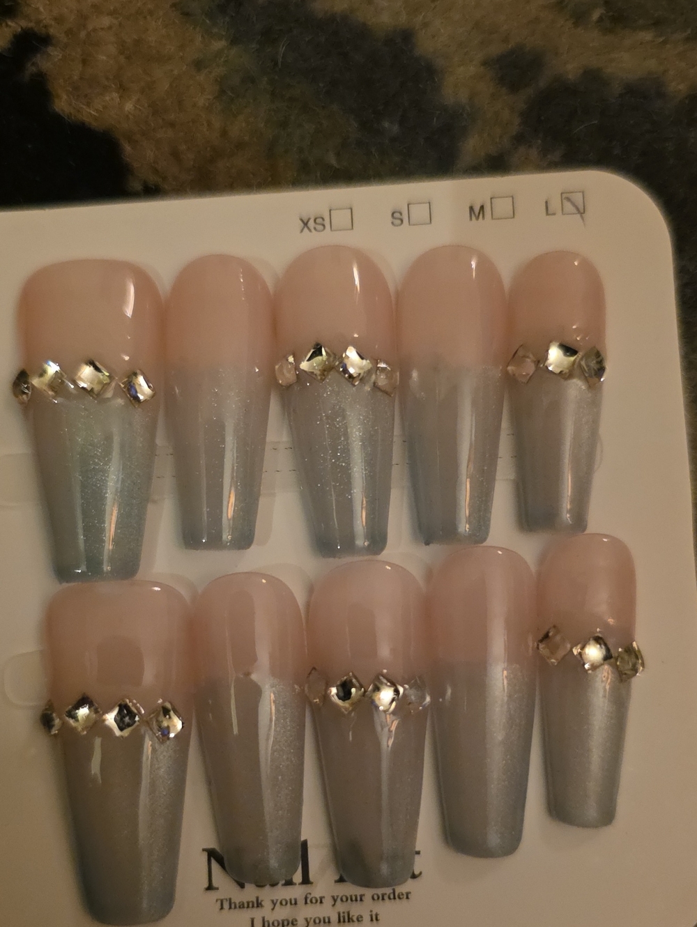 Nude Pink to Silver Ombre Press-On Nails with Rhinestone Accent Size L Set Of 10